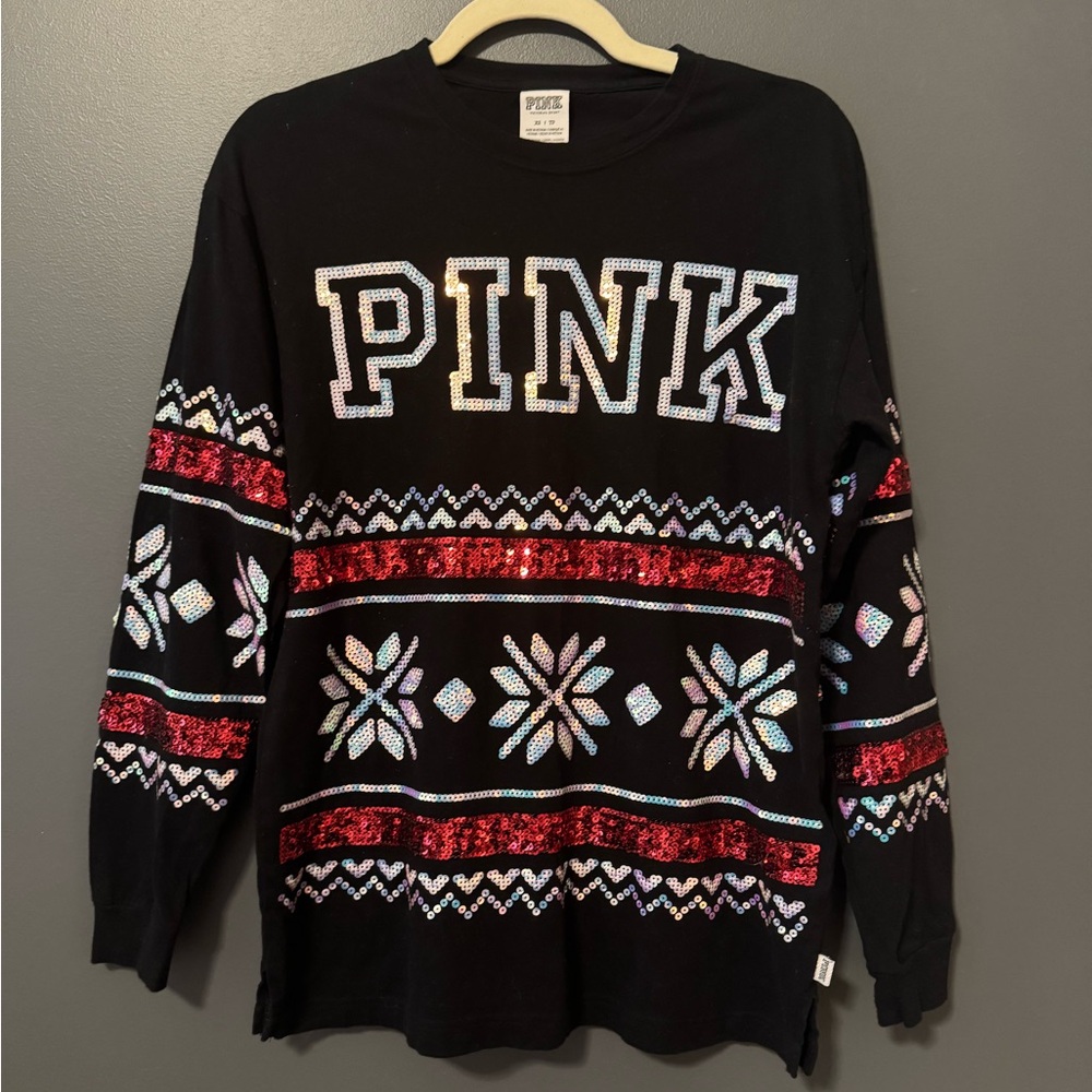 Victoria's Secret PINK Black Holiday Sequins Long Sleeve Shirt Extra Small XS